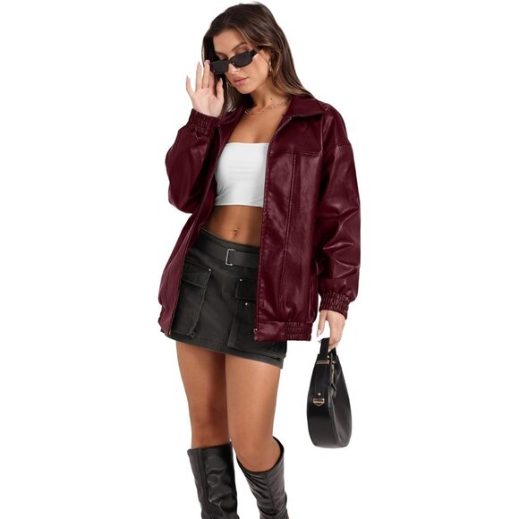 Women's Faux Leather Jacket Oversized Moto Bomber Coat Fall Winter Outfits - Picture 2 of 3